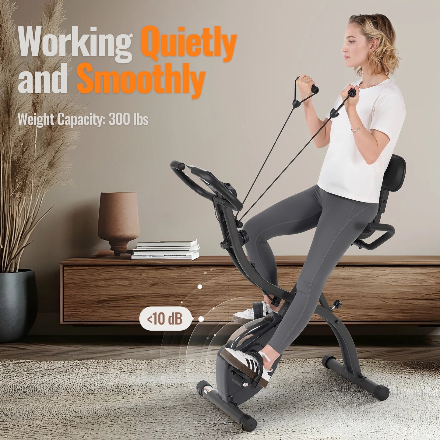 3 in 1 Exercise Bike Quiet Folding Magnetic Stationary Exercise Bikes with Arm Resistance Bands Home Workout Use